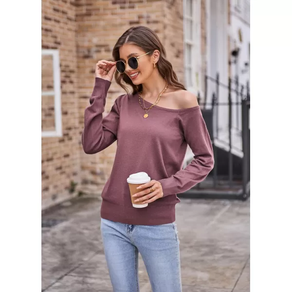 GRACE KARIN Womens Off Shoulder Sweater Long Sleeve Loose Pullover Knit Jumper Tunic TopsGray Purple