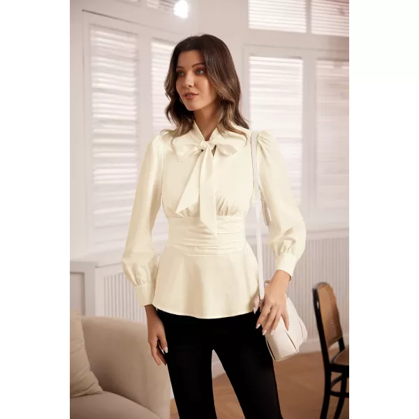 GRACE KARIN Womens Office Bow Tie Blouse Puff Sleeve Peplum Dressy Shirt Smocked WaistBeige