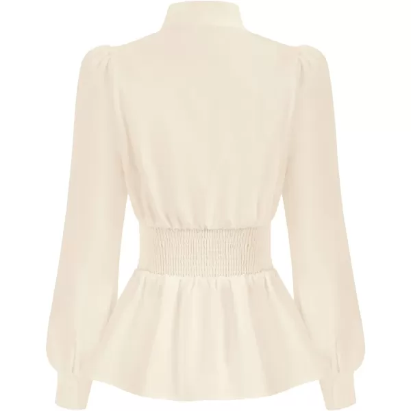 GRACE KARIN Womens Office Bow Tie Blouse Puff Sleeve Peplum Dressy Shirt Smocked WaistBeige