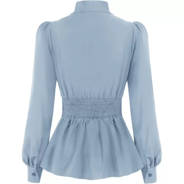 GRACE KARIN Womens Office Bow Tie Blouse Puff Sleeve Peplum Dressy Shirt Smocked WaistBlue