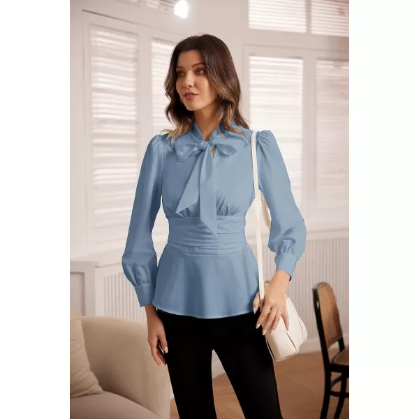 GRACE KARIN Womens Office Bow Tie Blouse Puff Sleeve Peplum Dressy Shirt Smocked WaistBlue