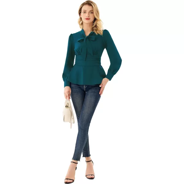 GRACE KARIN Womens Office Bow Tie Blouse Puff Sleeve Peplum Dressy Shirt Smocked WaistBluegreen