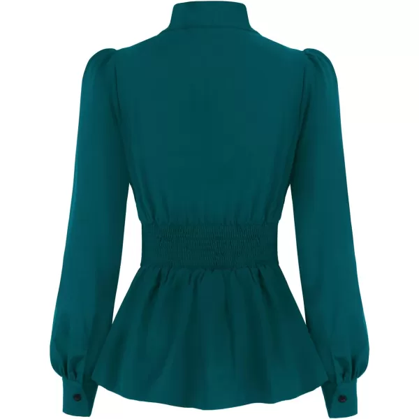 GRACE KARIN Womens Office Bow Tie Blouse Puff Sleeve Peplum Dressy Shirt Smocked WaistBluegreen