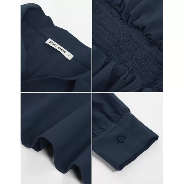 GRACE KARIN Womens Office Bow Tie Blouse Puff Sleeve Peplum Dressy Shirt Smocked WaistNavy Blue