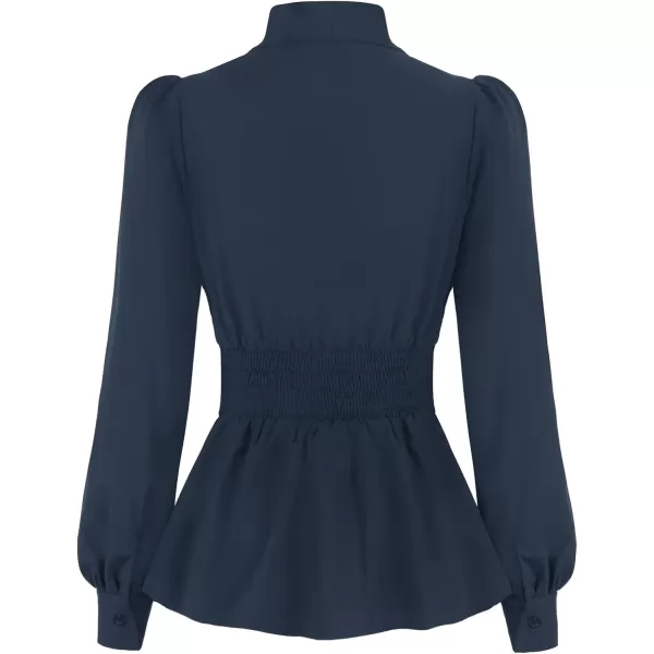 GRACE KARIN Womens Office Bow Tie Blouse Puff Sleeve Peplum Dressy Shirt Smocked WaistNavy Blue
