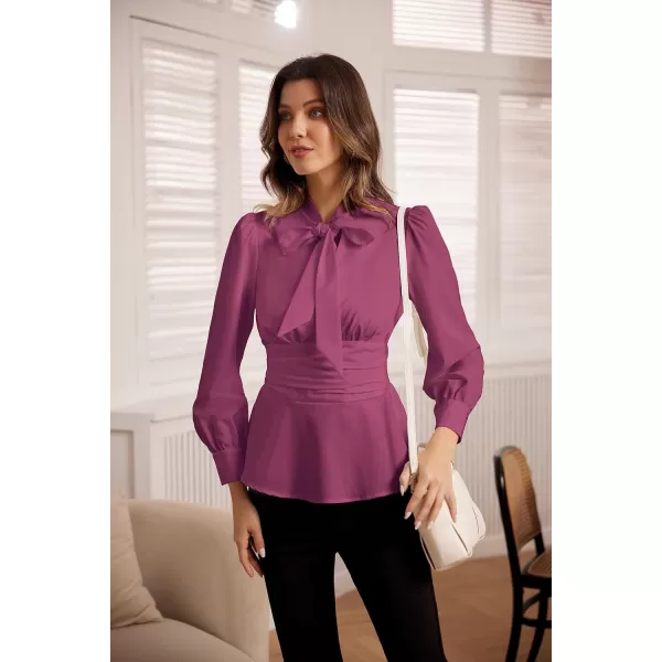 GRACE KARIN Womens Office Bow Tie Blouse Puff Sleeve Peplum Dressy Shirt Smocked WaistPurple Red