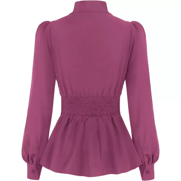 GRACE KARIN Womens Office Bow Tie Blouse Puff Sleeve Peplum Dressy Shirt Smocked WaistPurple Red