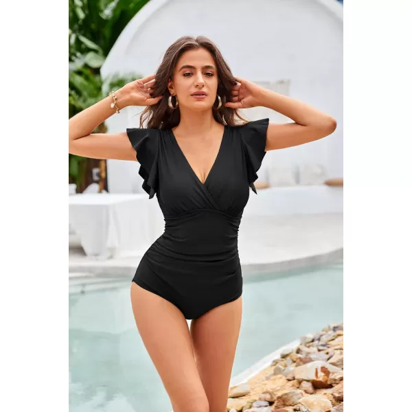 GRACE KARIN Womens One Piece Swimsuit Tummy Control Swimsuits V Neck Wrap Bathing Suits Ruched Ruffle SwimwearBlack