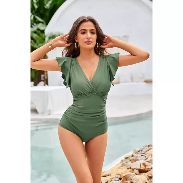 GRACE KARIN Womens One Piece Swimsuit Tummy Control Swimsuits V Neck Wrap Bathing Suits Ruched Ruffle SwimwearGreen