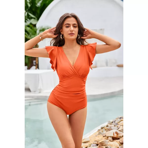 GRACE KARIN Womens One Piece Swimsuit Tummy Control Swimsuits V Neck Wrap Bathing Suits Ruched Ruffle SwimwearOrange