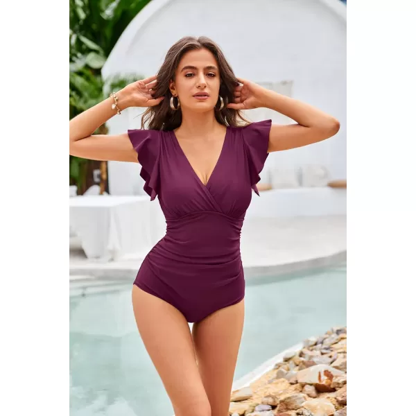 GRACE KARIN Womens One Piece Swimsuit Tummy Control Swimsuits V Neck Wrap Bathing Suits Ruched Ruffle SwimwearWine Red