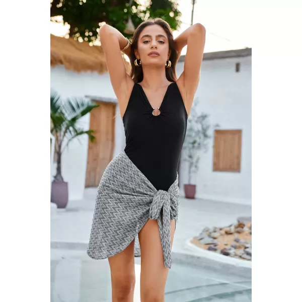 GRACE KARIN Womens One Piece Swimsuit with Cover Up Sarong V Neck Open Back Ruched Ring SwimwearBlack