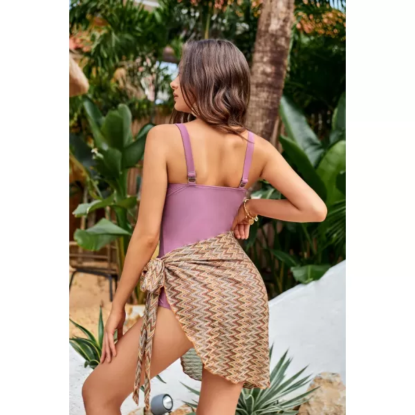 GRACE KARIN Womens One Piece Swimsuit with Cover Up Sarong V Neck Open Back Ruched Ring SwimwearPurple