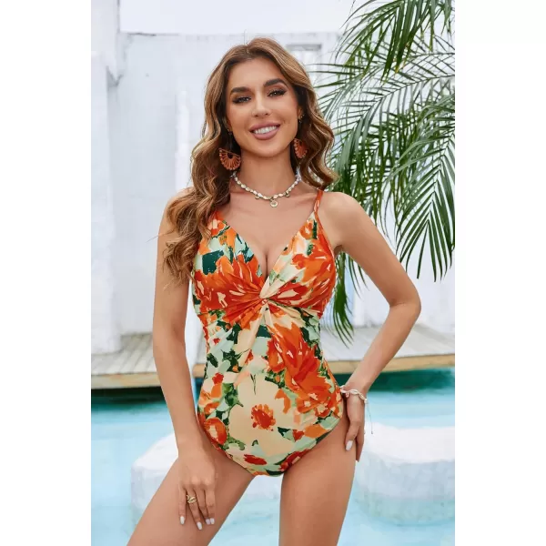 GRACE KARIN Womens One Piece Swimsuits with Cover Up Skirt Tummy Control V Neck Bathing SuitsOrange Floral