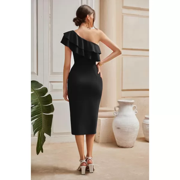 GRACE KARIN Womens One Shoulder Cocktail Dress Sleeveless Sexy Ruched Bodycon Layered Ruffle Slit Party Midi DressesBlack