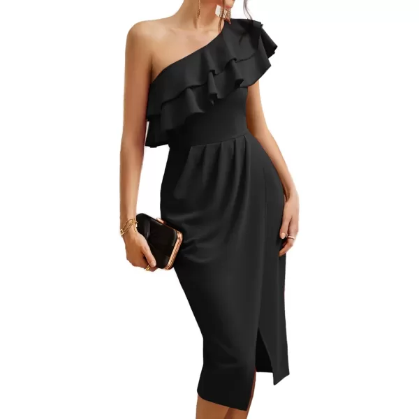 GRACE KARIN Womens One Shoulder Cocktail Dress Sleeveless Sexy Ruched Bodycon Layered Ruffle Slit Party Midi DressesBlack