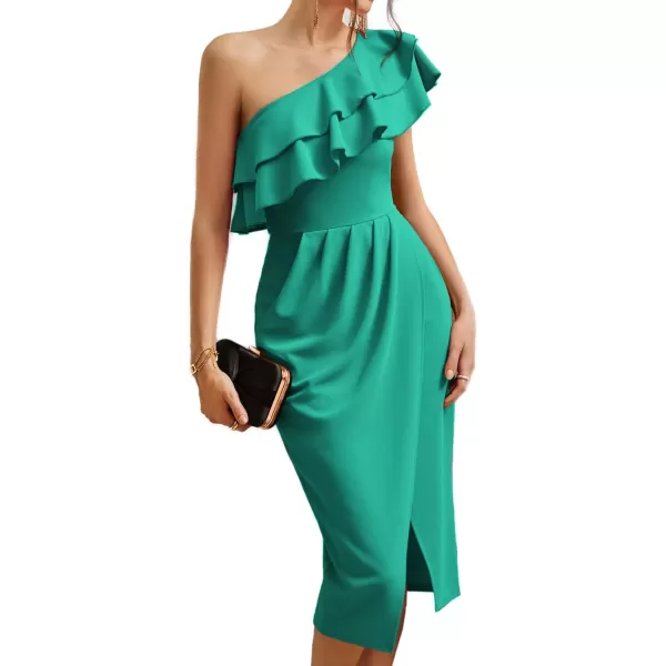 GRACE KARIN Womens One Shoulder Cocktail Dress Sleeveless Sexy Ruched Bodycon Layered Ruffle Slit Party Midi DressesDark Teal