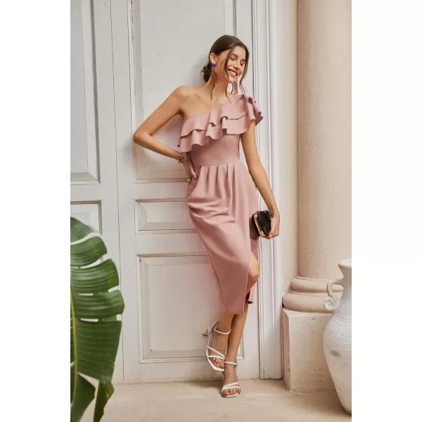 GRACE KARIN Womens One Shoulder Cocktail Dress Sleeveless Sexy Ruched Bodycon Layered Ruffle Slit Party Midi DressesLight Pink