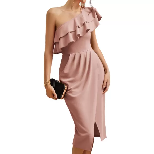 GRACE KARIN Womens One Shoulder Cocktail Dress Sleeveless Sexy Ruched Bodycon Layered Ruffle Slit Party Midi DressesLight Pink