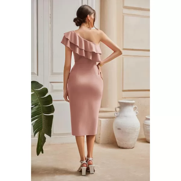 GRACE KARIN Womens One Shoulder Cocktail Dress Sleeveless Sexy Ruched Bodycon Layered Ruffle Slit Party Midi DressesLight Pink