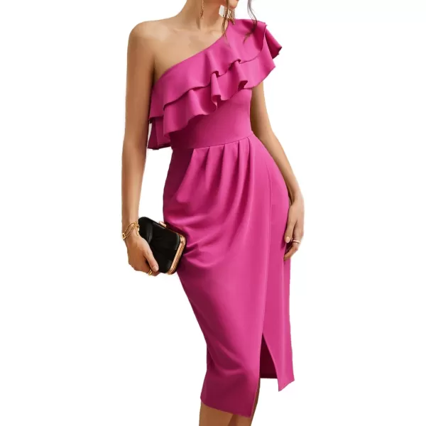 GRACE KARIN Womens One Shoulder Cocktail Dress Sleeveless Sexy Ruched Bodycon Layered Ruffle Slit Party Midi DressesRose Red