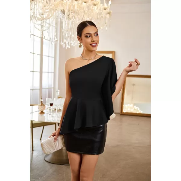 GRACE KARIN Womens One Shoulder Tops Ruffle Sleeve Elegant Party Asymmetrical Hem Peplum Top Blouse ShirtBlack