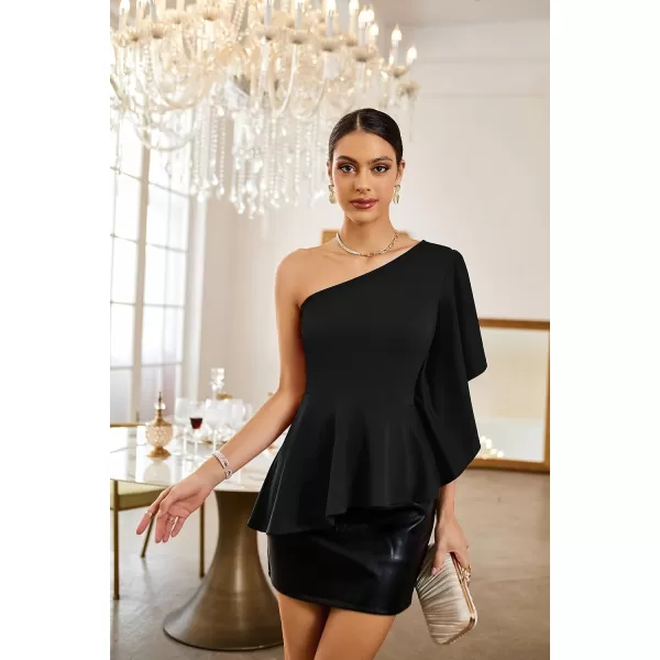 GRACE KARIN Womens One Shoulder Tops Ruffle Sleeve Elegant Party Asymmetrical Hem Peplum Top Blouse ShirtBlack