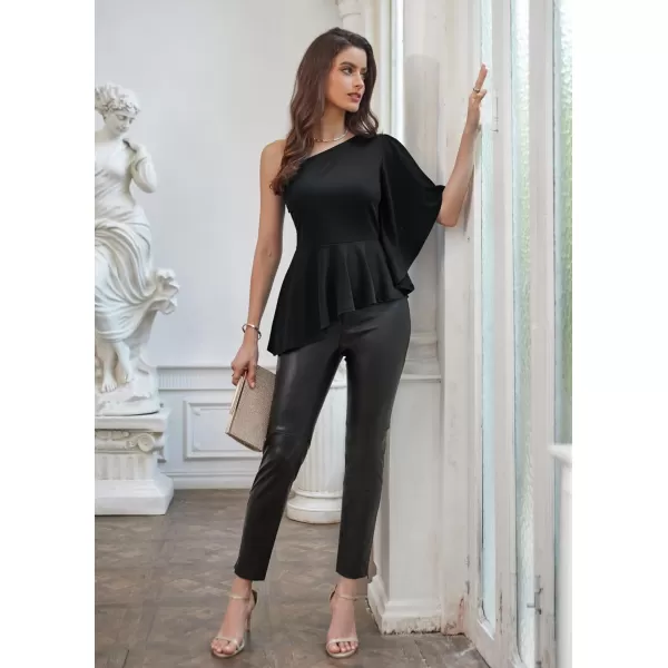 GRACE KARIN Womens One Shoulder Tops Ruffle Sleeve Elegant Party Asymmetrical Hem Peplum Top Blouse ShirtBlack