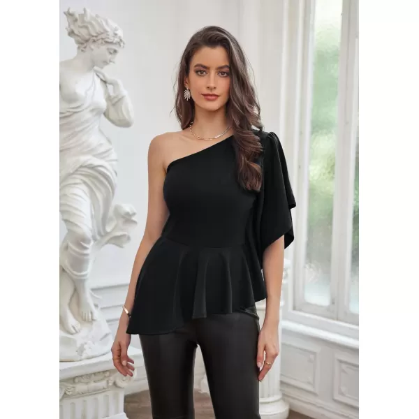 GRACE KARIN Womens One Shoulder Tops Ruffle Sleeve Elegant Party Asymmetrical Hem Peplum Top Blouse ShirtBlack