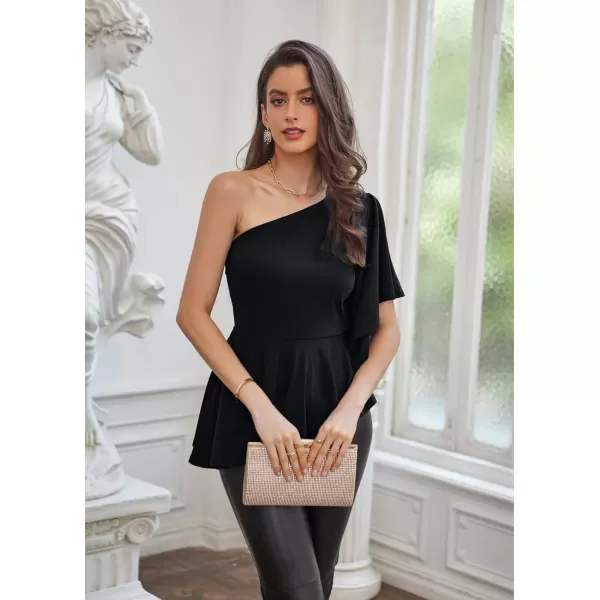 GRACE KARIN Womens One Shoulder Tops Ruffle Sleeve Elegant Party Asymmetrical Hem Peplum Top Blouse ShirtBlack