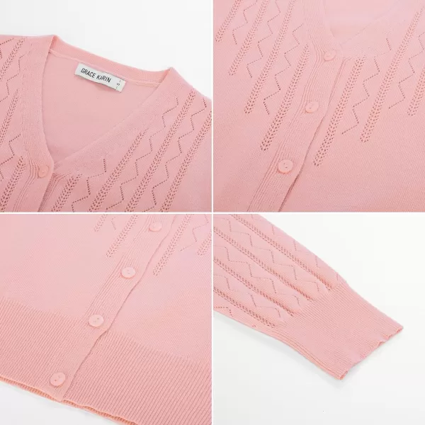 GRACE KARIN Womens Open Front Knit Cropped Bolero Shrug Cardigan Sweater Long Sleeve S4XLPink Hollow Out