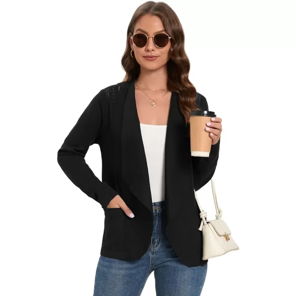 GRACE KARIN Womens Open Front Sweater Blazer Lapel Cardigan Sweater Long Sleeve Knitted Blazer Jackets with PocketsBlack