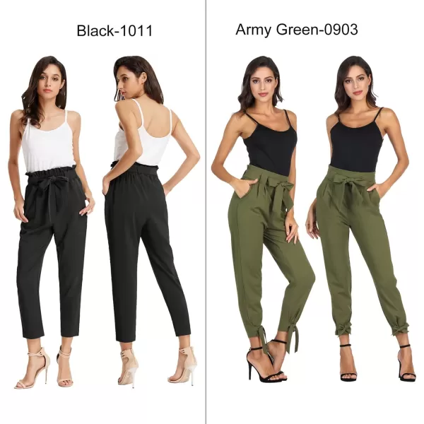 GRACE KARIN Womens Paper Bag Waist Pants Slim Fit Casual Office Pencil Pants2pc Pack 1011black amp 0903army Green