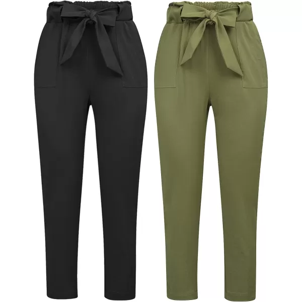 GRACE KARIN Womens Paper Bag Waist Pants Slim Fit Casual Office Pencil Pants2pcs Black amp Army Green