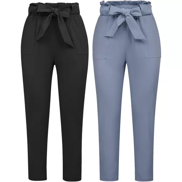 GRACE KARIN Womens Paper Bag Waist Pants Slim Fit Casual Office Pencil Pants2pcs Black amp Blue Gray