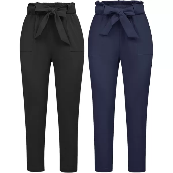 GRACE KARIN Womens Paper Bag Waist Pants Slim Fit Casual Office Pencil Pants2pcs Black amp Dark Blue