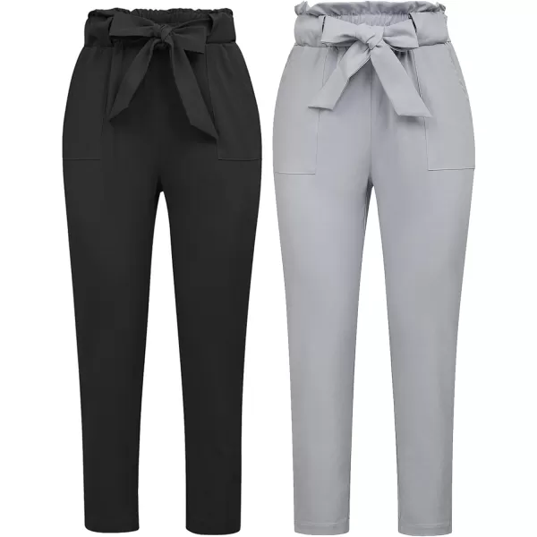 GRACE KARIN Womens Paper Bag Waist Pants Slim Fit Casual Office Pencil Pants2pcs Black amp Light Gray