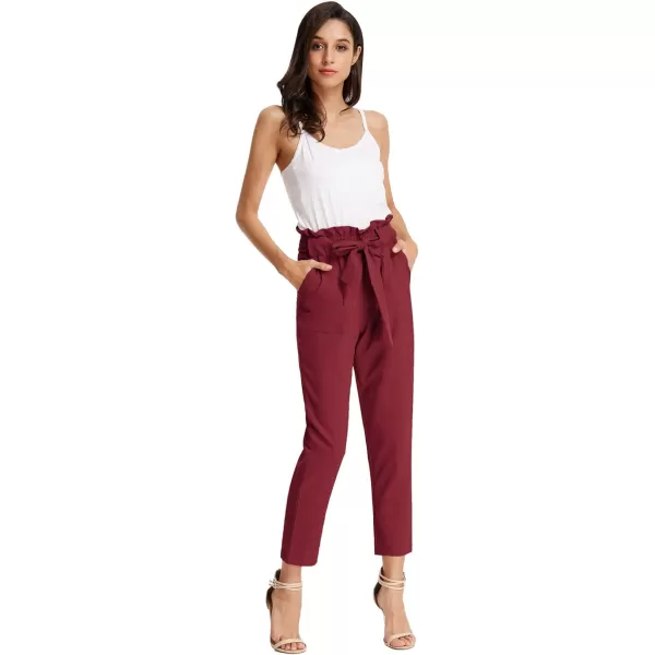 GRACE KARIN Womens Paper Bag Waist Pants Slim Fit Casual Office Pencil PantsWine Red