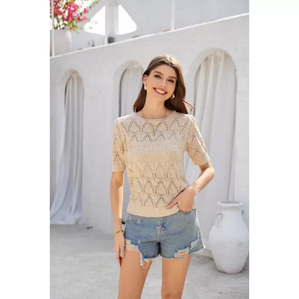 GRACE KARIN Womens Puff Short Sleeve Pullover Sweater Tops Hollow Out Crew Neck Knit Sweater Blouse Crochet ShirtApricot