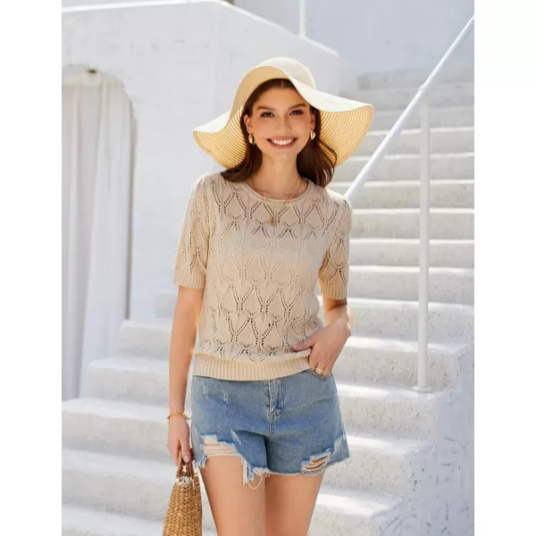 GRACE KARIN Womens Puff Short Sleeve Pullover Sweater Tops Hollow Out Crew Neck Knit Sweater Blouse Crochet ShirtApricot