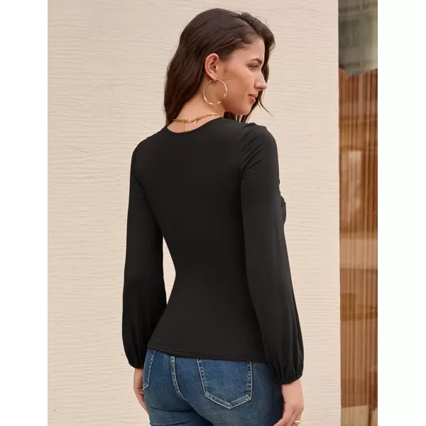 GRACE KARIN Womens Ruched Blouse Elegant Wrap Tops V Neck Long Sleeve Slim Fit TopBlack