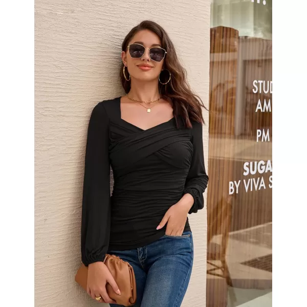 GRACE KARIN Womens Ruched Blouse Elegant Wrap Tops V Neck Long Sleeve Slim Fit TopBlack