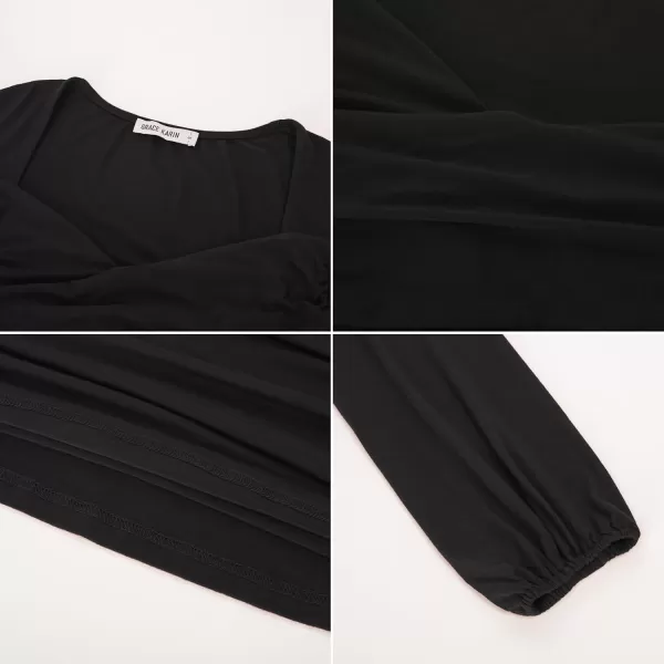 GRACE KARIN Womens Ruched Blouse Elegant Wrap Tops V Neck Long Sleeve Slim Fit TopBlack