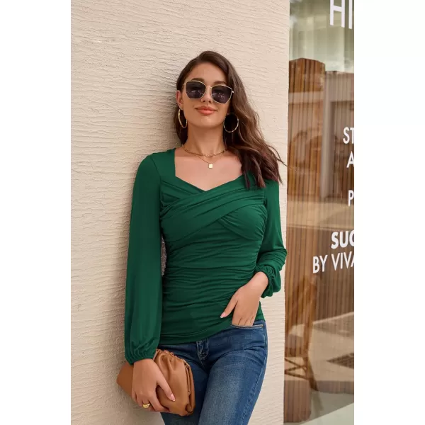 GRACE KARIN Womens Ruched Blouse Elegant Wrap Tops V Neck Long Sleeve Slim Fit TopDark Green