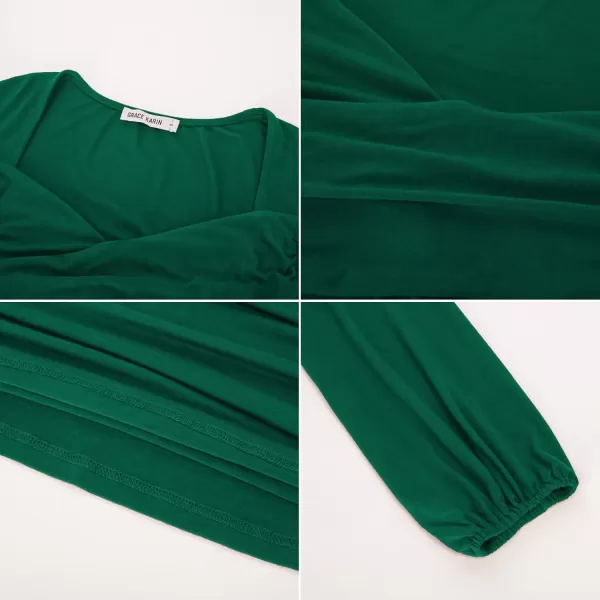 GRACE KARIN Womens Ruched Blouse Elegant Wrap Tops V Neck Long Sleeve Slim Fit TopDark Green