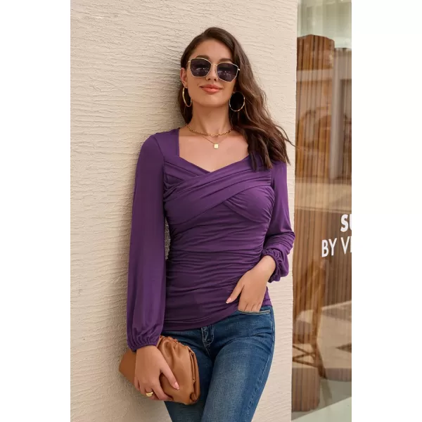 GRACE KARIN Womens Ruched Blouse Elegant Wrap Tops V Neck Long Sleeve Slim Fit TopPurple