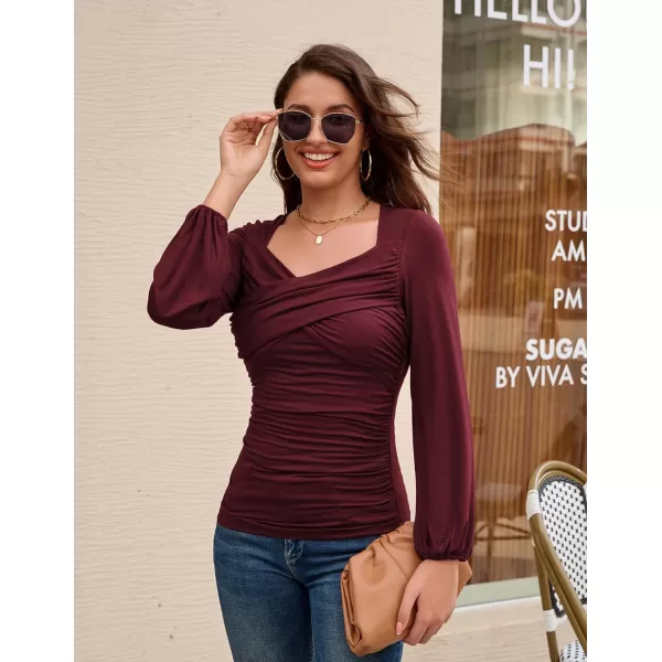 GRACE KARIN Womens Ruched Blouse Elegant Wrap Tops V Neck Long Sleeve Slim Fit TopWine