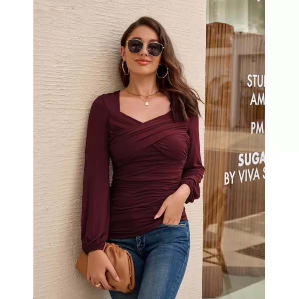 GRACE KARIN Womens Ruched Blouse Elegant Wrap Tops V Neck Long Sleeve Slim Fit TopWine