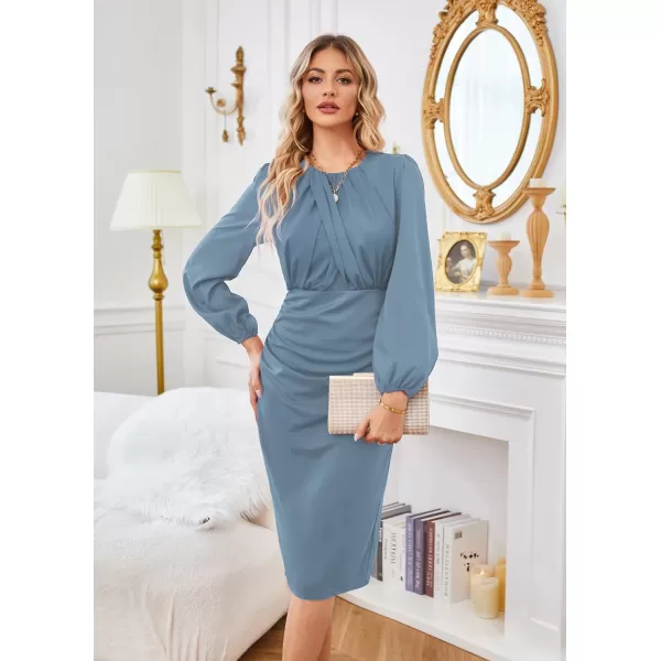 GRACE KARIN Womens Ruched Bodycon Dress Mesh Long Sleeve Front Drape Patchwork Crew Neck Midi Cocktail DressGray Blue