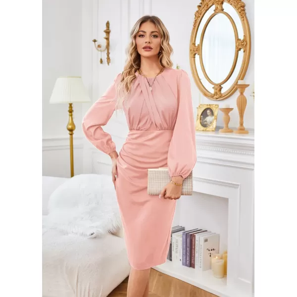 GRACE KARIN Womens Ruched Bodycon Dress Mesh Long Sleeve Front Drape Patchwork Crew Neck Midi Cocktail DressPink